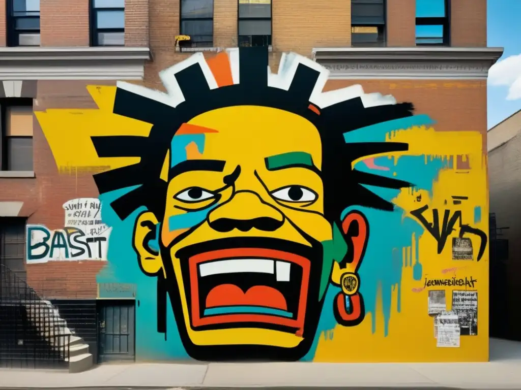 Una impactante representación del arte callejero temprano de Jean Michel Basquiat en Nueva York, capturando su energía cruda y espíritu rebelde