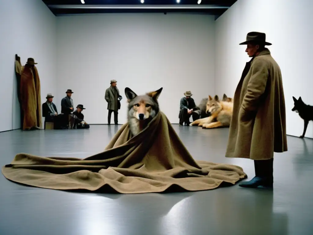 Una impactante representación visual de la performance 'Me gusta América y América me gusta' de Joseph Beuys, interactuando con un coyote en un espacio minimalista