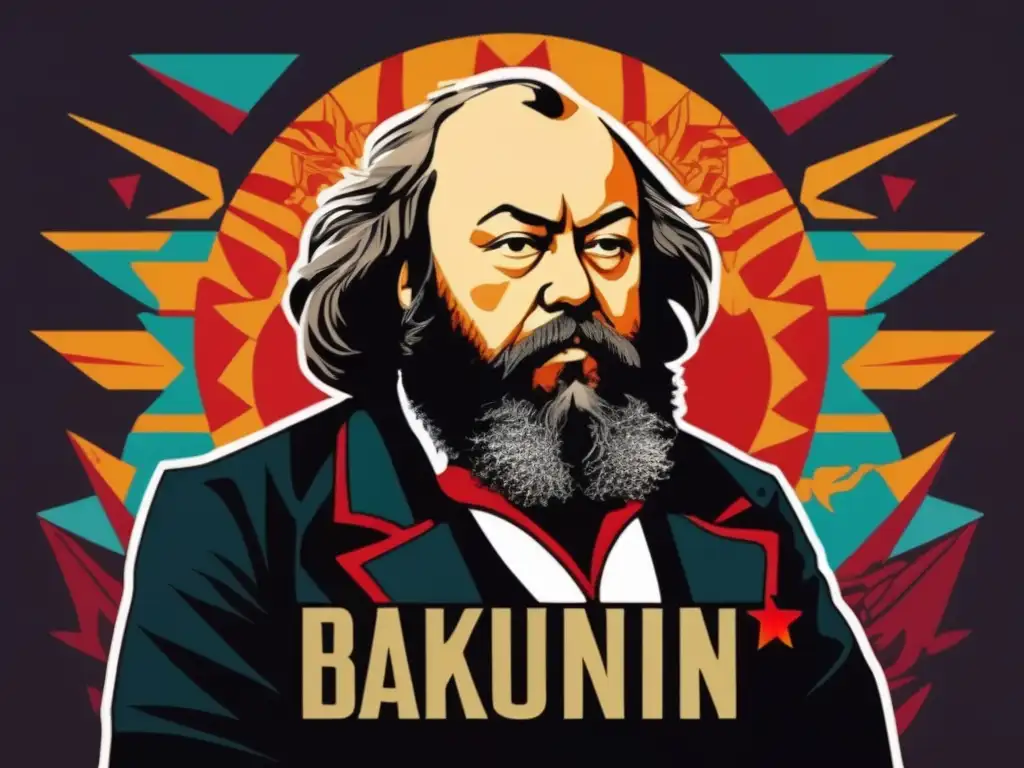 Un impactante retrato digital moderno de Mikhail Bakunin, con símbolos anarquistas y una atmósfera revolucionaria