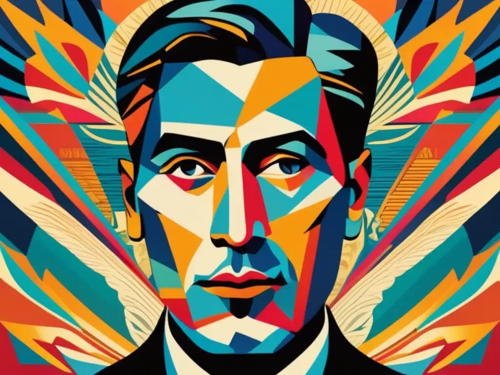 Un impactante retrato digital de Boris Pasternak fusionando símbolos filosóficos y literarios, con colores vibrantes y detalles intrincados