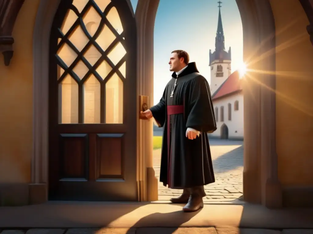 Aparición épica de Martín Lutero en la Iglesia del Castillo de Wittenberg- Un impactante retrato en ultra alta definición de Martin Lutero clavando sus 95 tesis en las puertas de la Iglesia del Castillo en Wittenberg