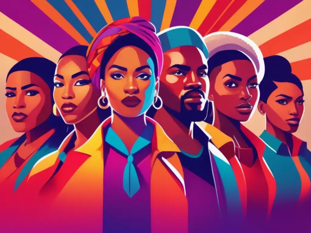 Un impactante y vibrante arte digital de figuras diversas en solidaridad, con expresiones de determinación