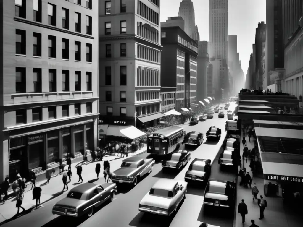 Una impactante vista de la bulliciosa calle de Nueva York desde lo alto, capturando la influencia de Woody Allen