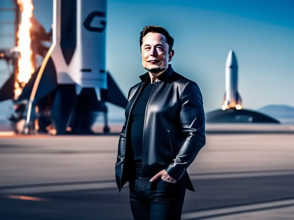 El impacto de Elon Musk: Visión y liderazgo en la exploración espacial, con Musk frente al cohete SpaceX en un futurista puerto espacial