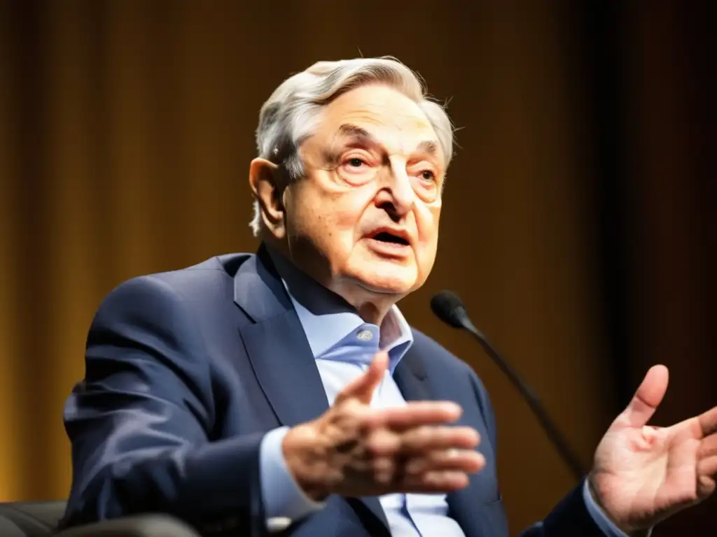 George Soros impacto mercados financieros: Imagen de Soros hablando en una conferencia financiera, proyectando autoridad y liderazgo profesional