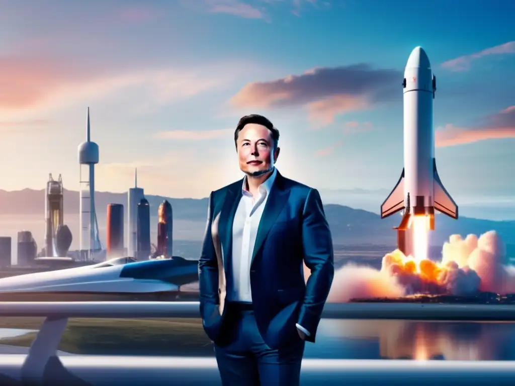 El impacto de Elon Musk: imagen moderna de Musk con un traje elegante frente a un cohete SpaceX, con una metrópolis futurista brillante de fondo