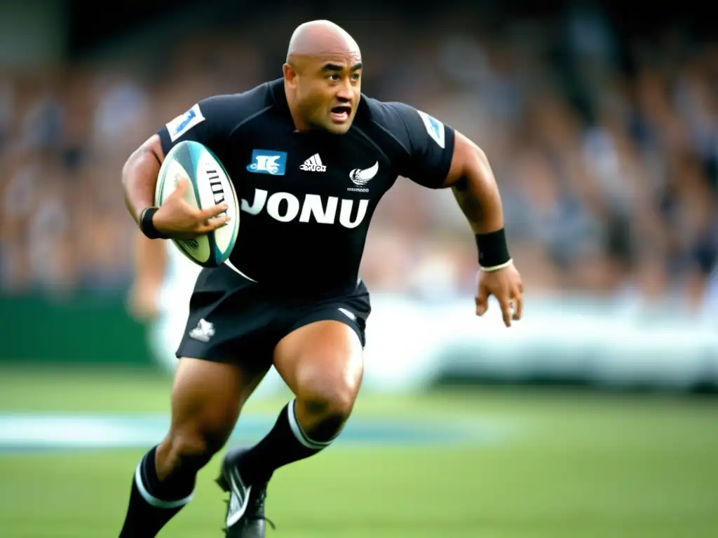 Jonah Lomu impacto en el rugby, sprinting con poder y agilidad, rodeado de fans emocionados en estadio lleno