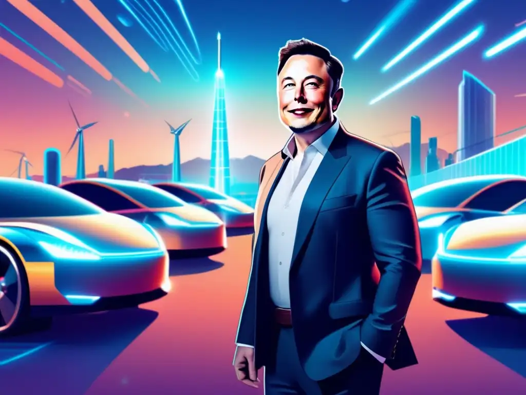 El impacto de Elon Musk: Ilustración digital de Musk con tecnología futurista y energía sostenible