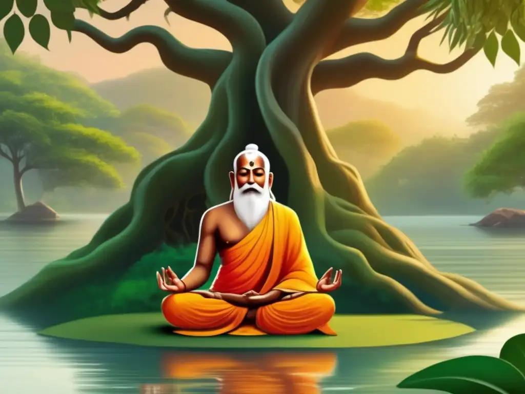 Bajo un imponente árbol de baniano, Adi Shankaracharya medita sereno, rodeado de exuberante vegetación y un sereno río