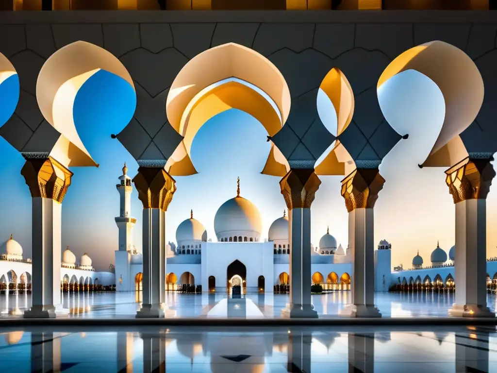 Desde la imponente arquitectura de la Mezquita Sheikh Zayed en Abu Dabi, se destacan sus intrincados detalles y el juego de luces y sombras en sus cúpulas y minaretes blancos