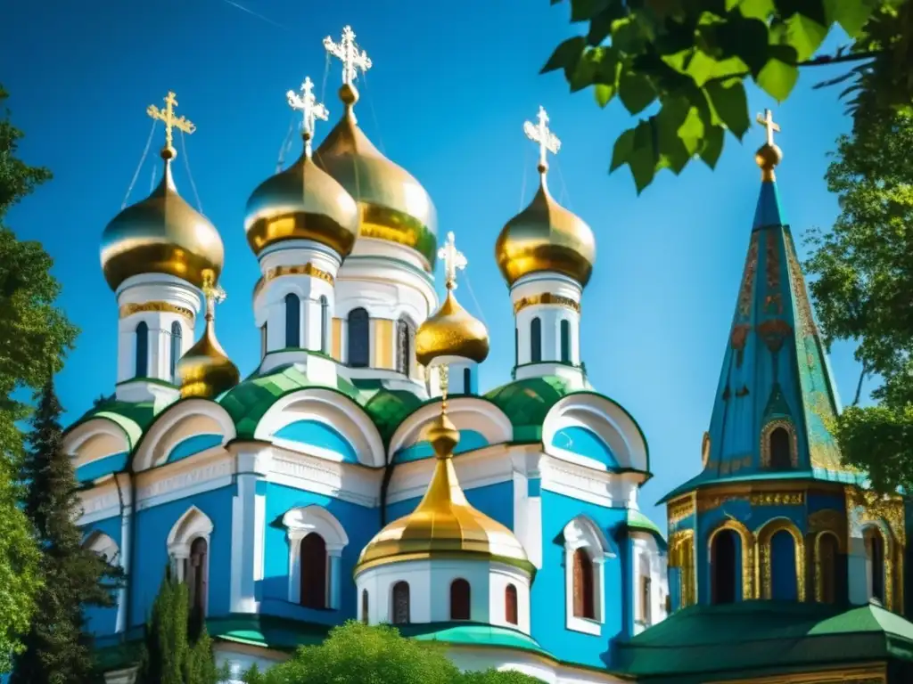 Imponente catedral ortodoxa rusa con cúpulas doradas y mosaicos coloridos, rodeada de exuberante vegetación bajo un cielo azul