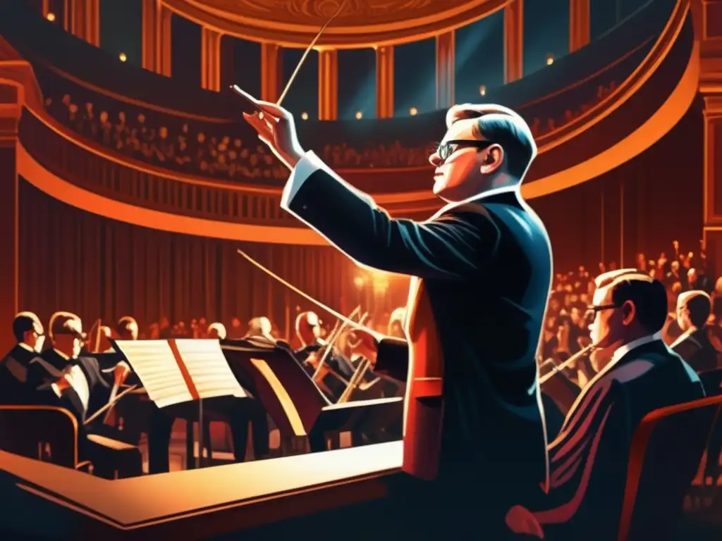 En el imponente concierto, Dmitri Shostakovich dirige con intensidad, envuelto en luces dramáticas y sombras