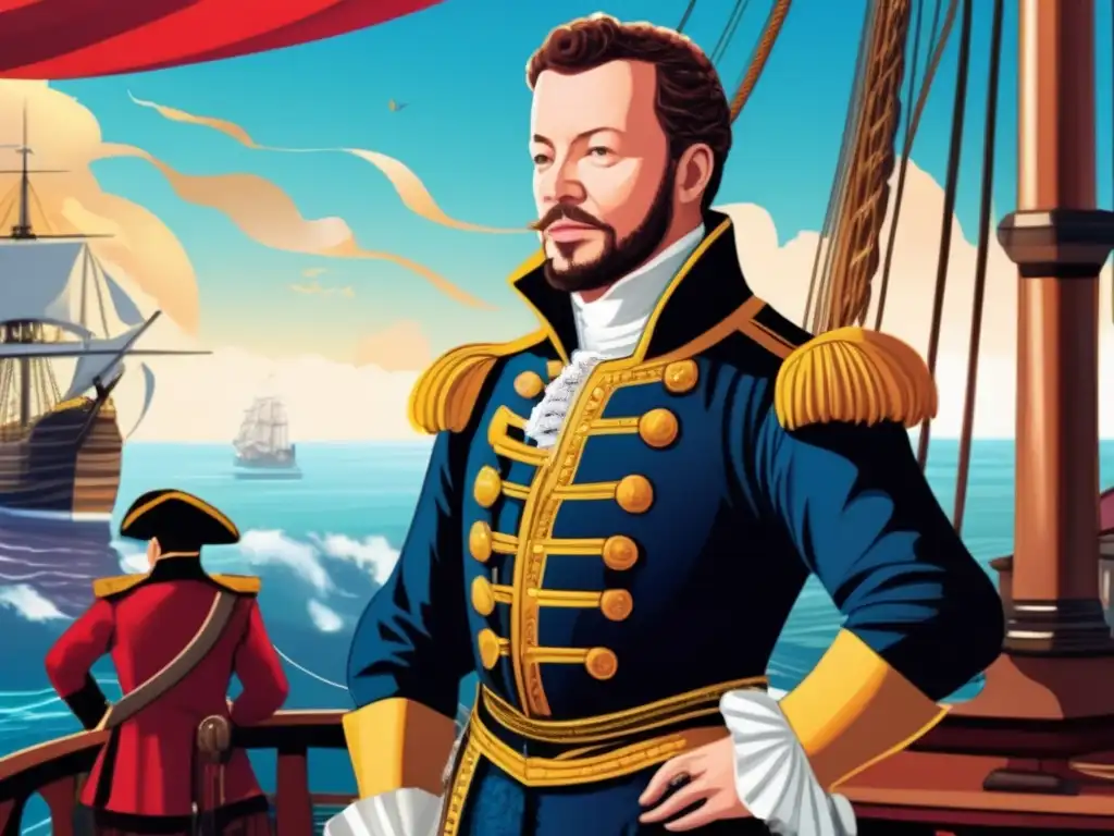 Sir Francis Drake, imponente en la cubierta de su nave con el mar y otros barcos de fondo