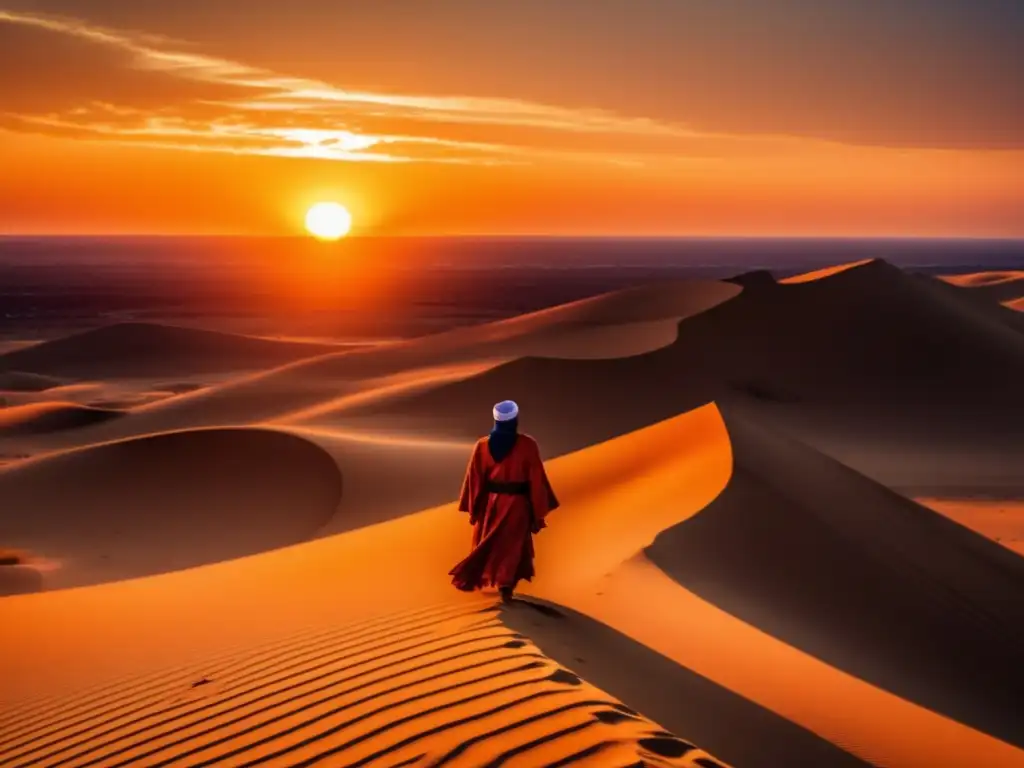 Ante el imponente desierto, Ibn Battuta, viajero incansable, se prepara para una nueva aventura al atardecer