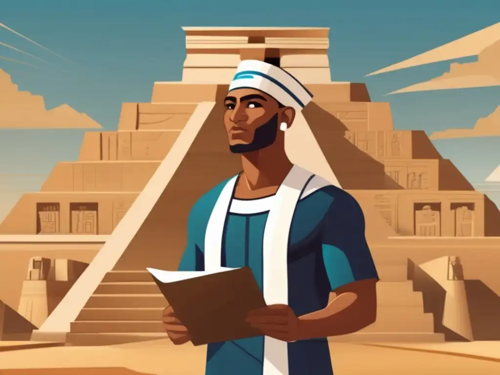 Imponente ilustración digital de Imhotep, arquitecto y médico, en frente de la Pirámide de Djoser, con expresión sabia y enigmática