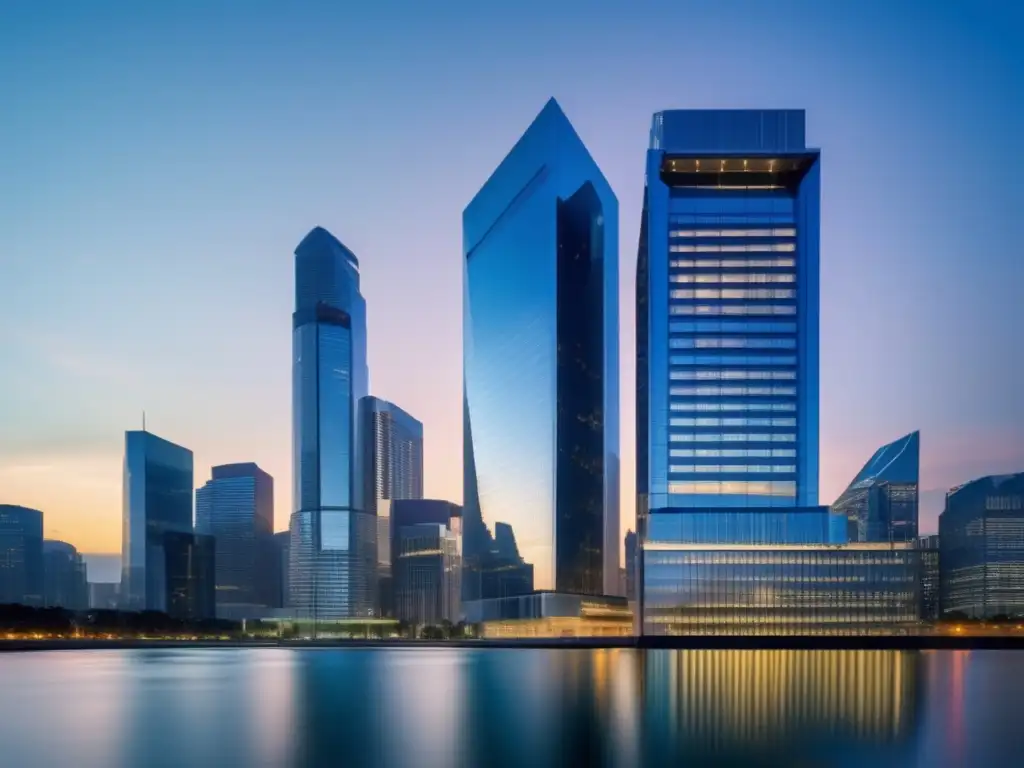 Un imponente edificio bancario moderno se alza sobre el bullicioso horizonte urbano, reflejando la energía vibrante de la ciudad