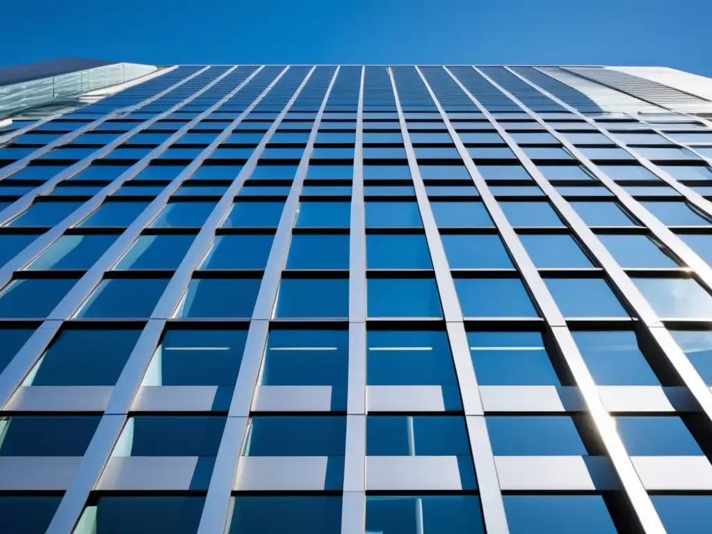 Un imponente edificio de oficinas moderno con fachadas de vidrio reflectante, destacando la arquitectura detallada y el juego de luces y sombras