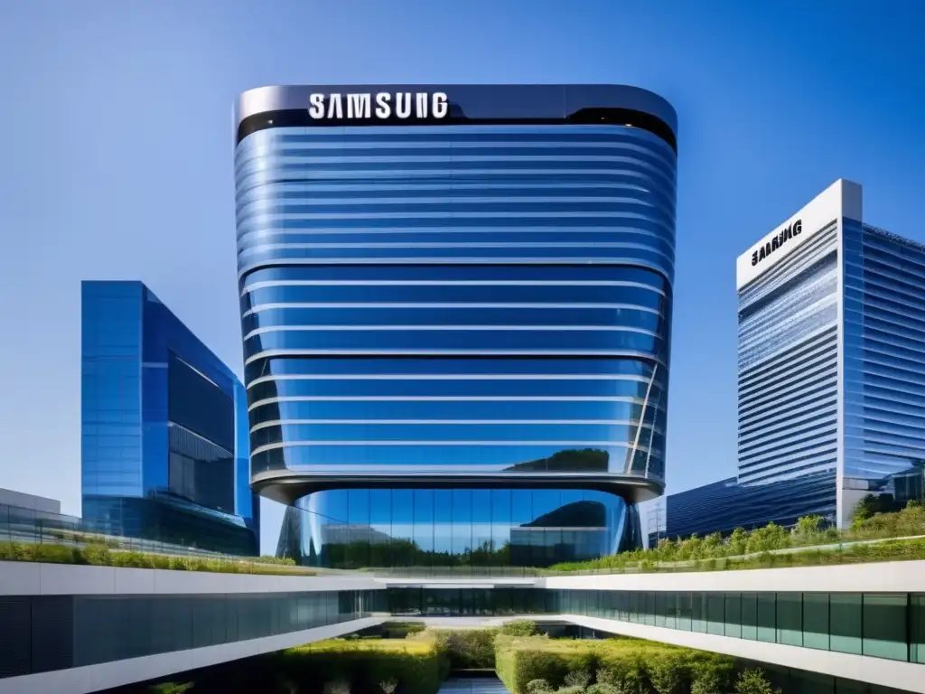 El imponente edificio de la sede de Samsung se alza contra el cielo azul, reflejando el sol y rodeado de exuberante vegetación