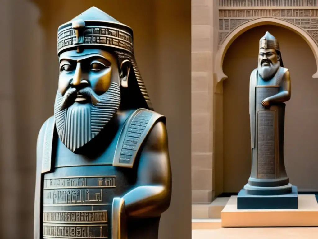 Una imponente escultura de Hammurabi en Babilonia, sosteniendo su famoso código de ley, simbolizando su legado en la sociedad moderna