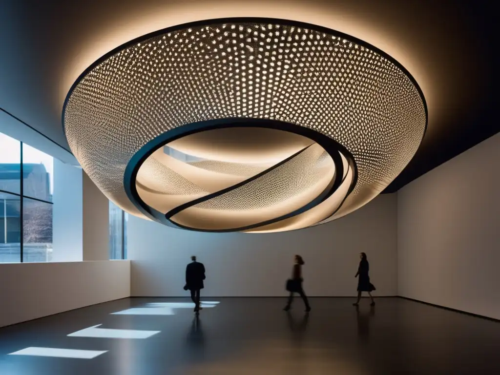 Escultura suspendida: vacuidad de la existencia en metal retorcido Un imponente escultura suspendida en el aire, con intrincados patrones metálicos que crean una ilusión óptica