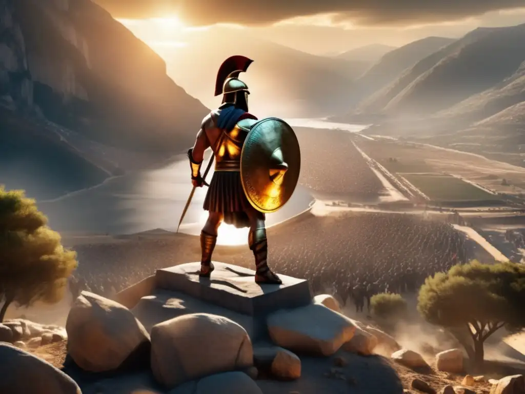 Imponente estatua de Leonidas en la batalla de las Termópilas, con expresión intensa y paisaje épico