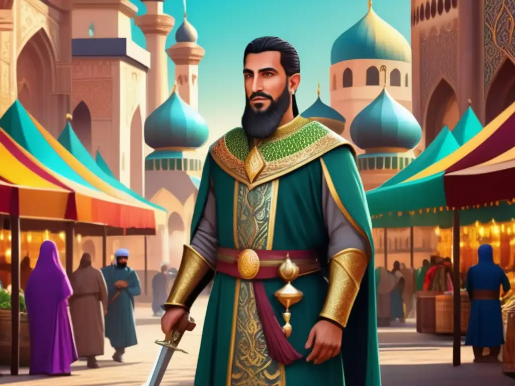 Con su imponente liderazgo y magnanimidad, Saladino se alza en una ilustración digital detallada, enmarcado por un bullicioso mercado medieval