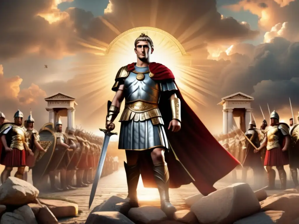 Desde la imponente Milvian Bridge, el emperador Constantino el Grande irradia triunfo bajo un cielo dramático