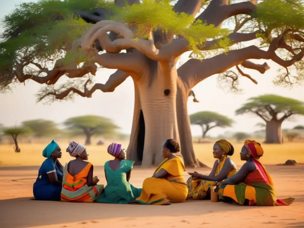 Bajo el imponente baobab, mujeres africanas visten trajes tradicionales y debaten con sabiduría