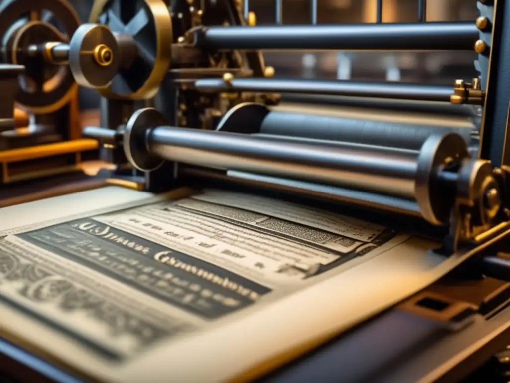 Una imponente prensa de impresión en acción, detallando la maquinaria y la alineación precisa de las tipografías