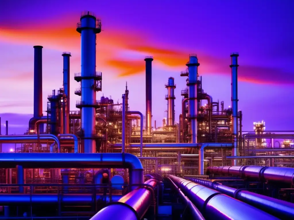 La imponente refinería de petróleo destaca al atardecer, con sus brillantes tuberías y torres contra un cielo anaranjado y morado