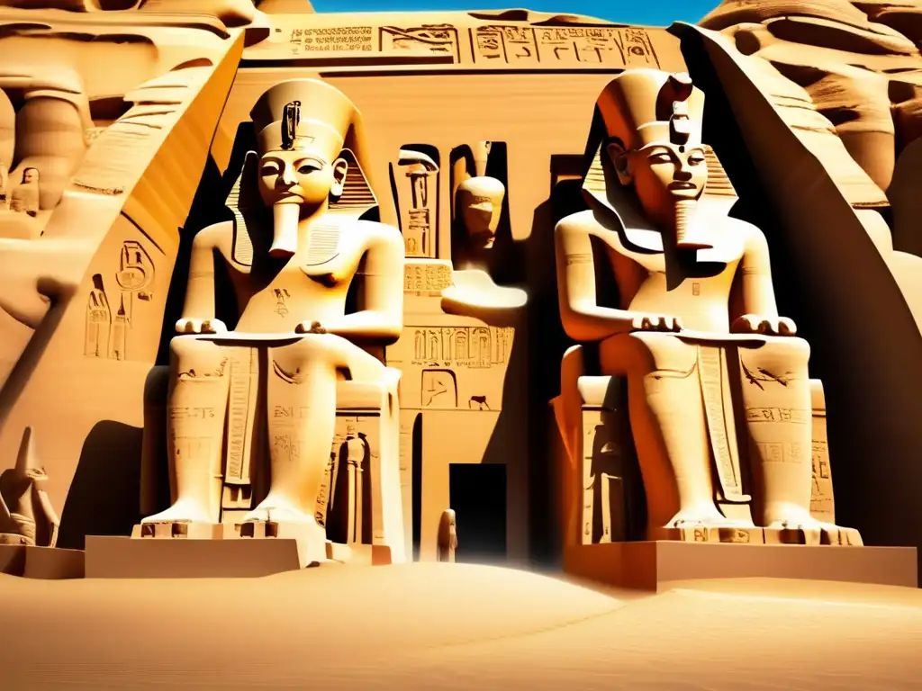 Un imponente retrato en alta resolución del colosal monumento de Ramsés II, faraón guerrero de Egipto, en el Gran Templo de Abu Simbel