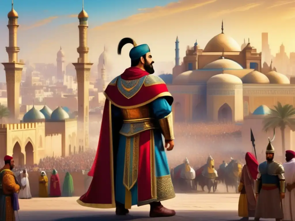 Un imponente retrato digital de Sultan Baybars, en su armadura, en el vibrante y bullicioso El Cairo medieval