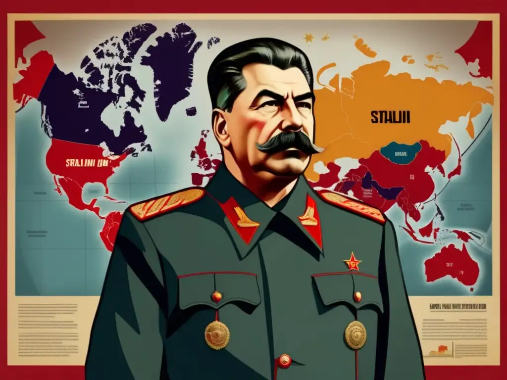 Artwork de Stalin: Poder y autoridad en la Unión Soviética- Un imponente retrato digital de Joseph Stalin frente a un mapa detallado de la Unión Soviética