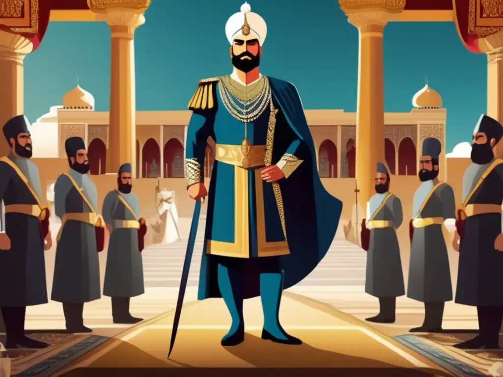 El imponente rey persa Xerxes I en una ilustración digital moderna, rodeado de lujo y poder