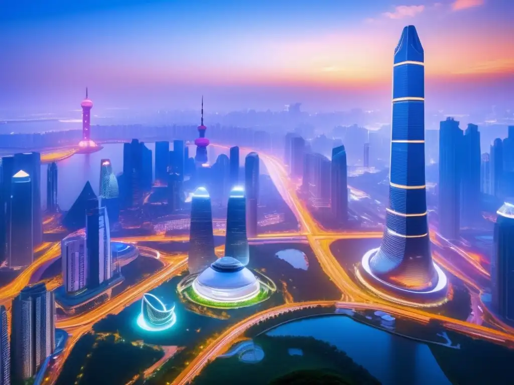 La imponente sede de Alibaba destaca en el dinámico skyline futurista de una ciudad china, iluminada por un vibrante paisaje tecnológico