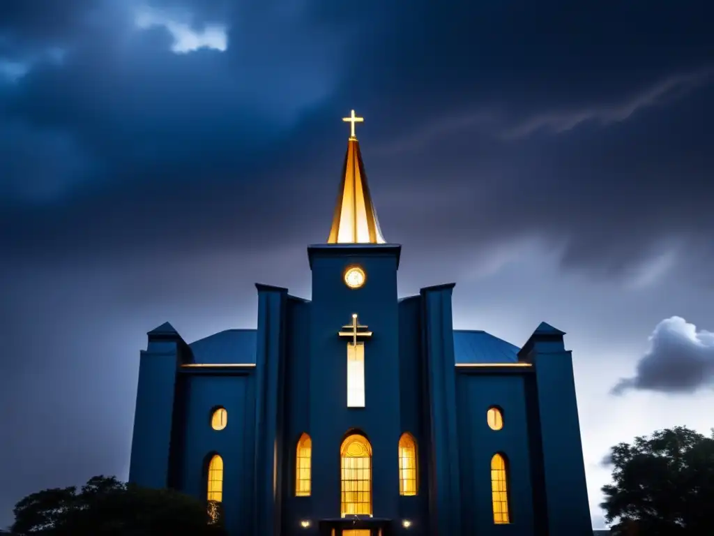 La imponente sede de la Iglesia de la Cienciología se yergue ante un cielo tormentoso
