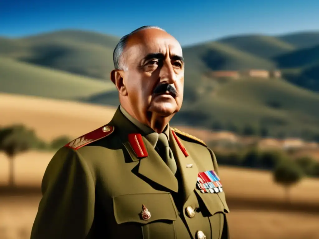 Una imponente fotografía de Francisco Franco en uniforme militar, con gesto severo, en un paisaje soleado de colinas y cielo azul
