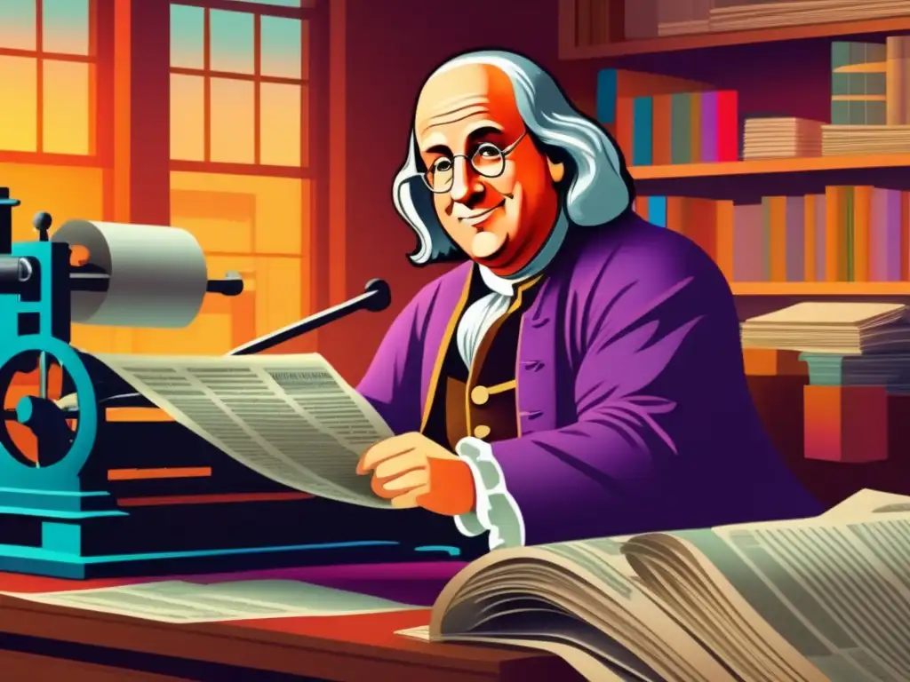 Benjamin Franklin en la imprenta, rodeado de periódicos y herramientas de impresión