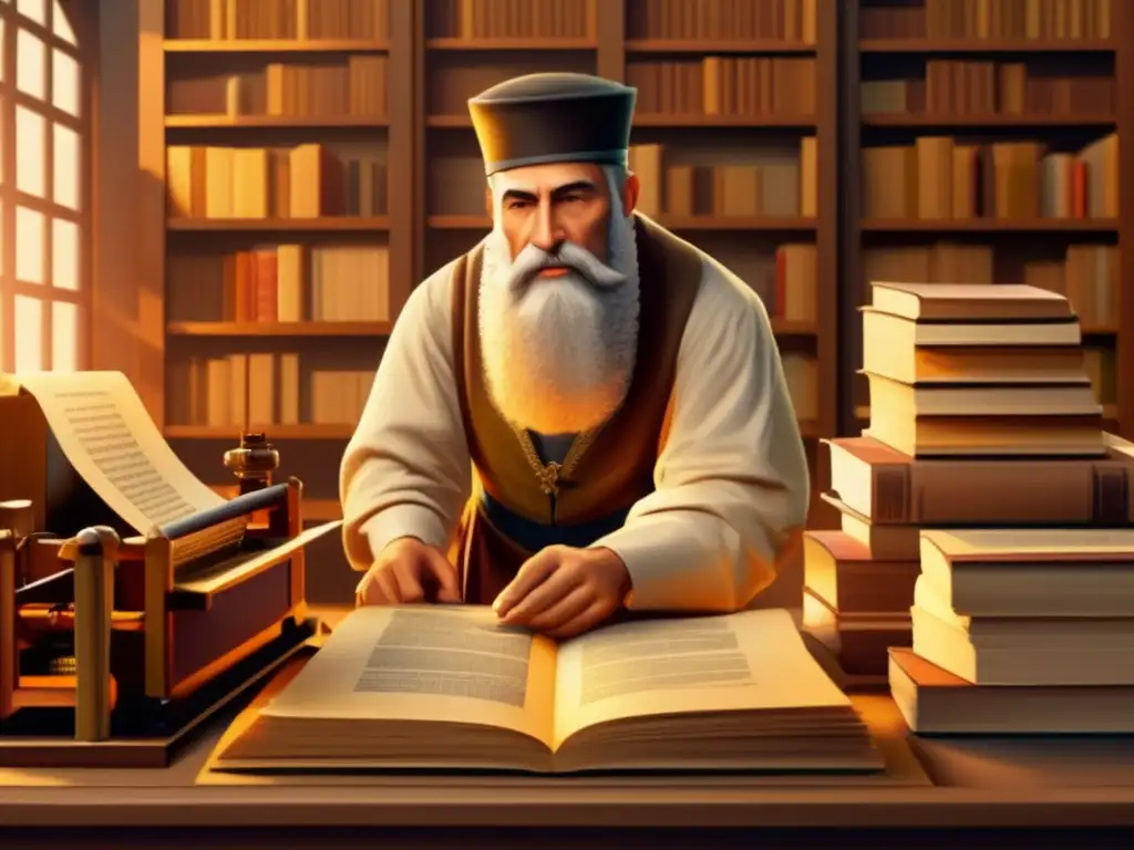Johannes Gutenberg revoluciona la impresión con su prensa, rodeado de libros recién impresos en una escena iluminada por cálida luz dorada