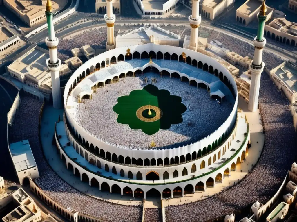 Una impresionante fotografía aérea de la Gran Mezquita en La Meca durante el Hajj, resaltando la influencia del wahabismo en Arabia Saudita