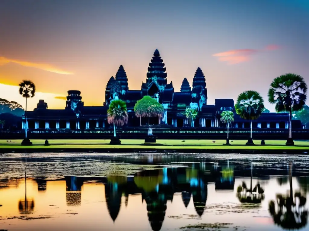 Un impresionante amanecer en Angkor Wat, reflejos en el agua y el magnífico templo destacando la arquitectura e historia del Imperio Jemer Angkor