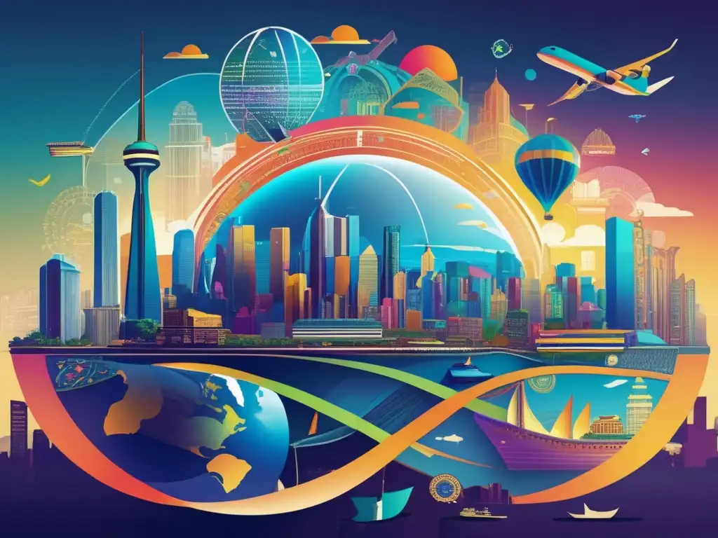 Un impresionante arte digital de la economía globalizada con rutas comerciales interconectadas, skylines futuristas y símbolos culturales diversos