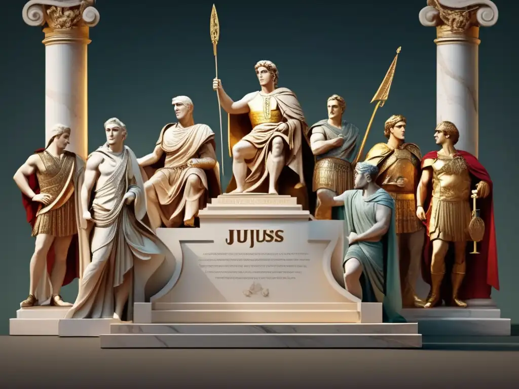 Un impresionante arte digital de héroes antiguos en un escenario grecorromano, rodeados de sabiduría en forma de pergaminos y tomos