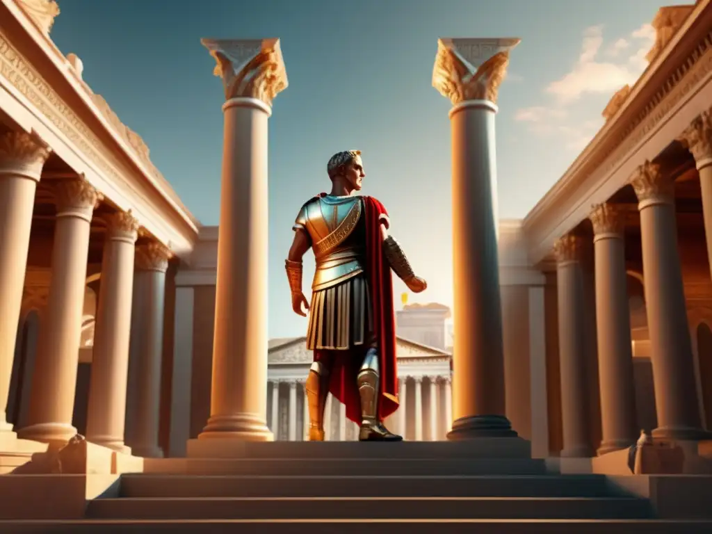 Un impresionante arte digital en 8k muestra a Julio César líder militar y político en una plataforma de mármol, bañado por cálida luz solar