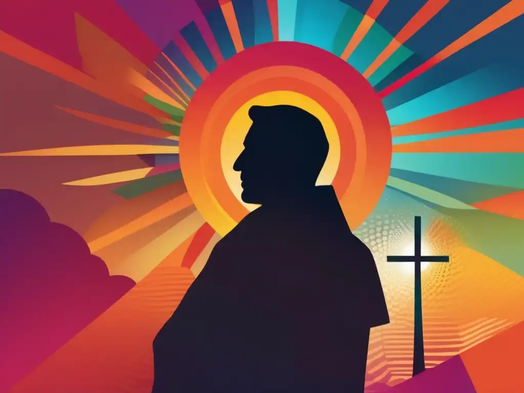 Un impresionante arte digital moderno que representa la silueta de Agustín de Hipona sobre un fondo abstracto vibrante, simbolizando la compleja interacción de la teología, el pecado y la gracia en el cristianismo primitivo