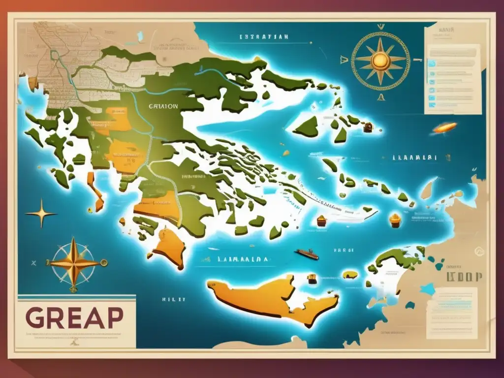 Un impresionante arte digital moderno que muestra un antiguo mapa griego de Estrabón, fusionando historia y tecnología