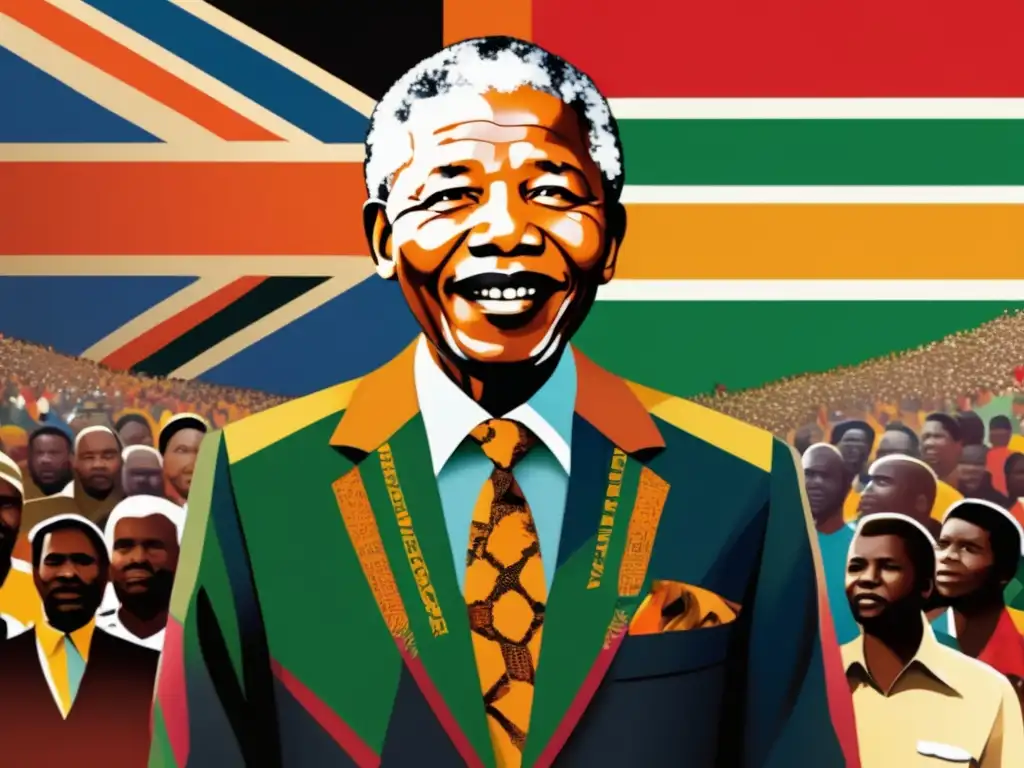 Un impresionante arte digital de alta resolución que muestra a Nelson Mandela desafiante, rodeado de personas en apoyo a la lucha contra el apartheid