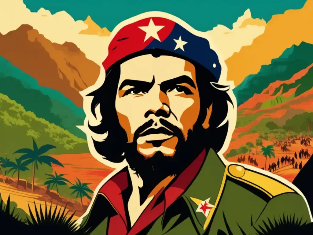Un impresionante arte digital que muestra a Che Guevara liderando a revolucionarios en las montañas de Sierra Maestra, capturando la esencia de la revolución cubana