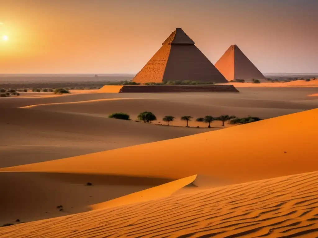 Un impresionante atardecer baña las antiguas pirámides de Meroe, en el desierto nubio de Kush