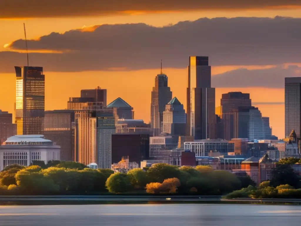 Un impresionante atardecer en la bulliciosa ciudad, reflejando la obra y legado de Joseph Stiglitz Nobel desigualdad postcrisis